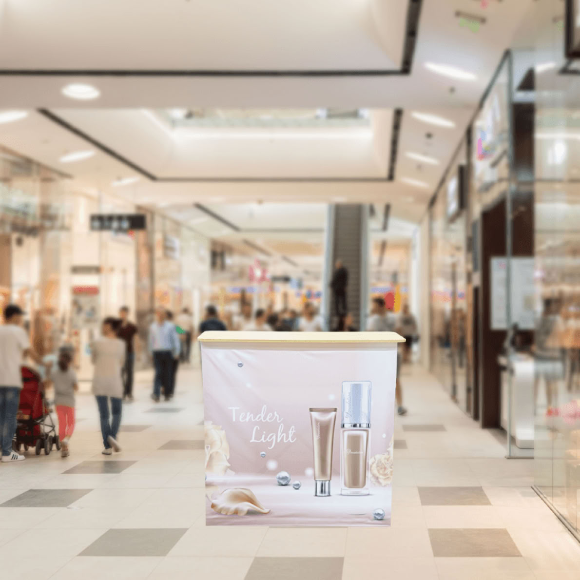 A portable diplay counter in use at a shopping mall